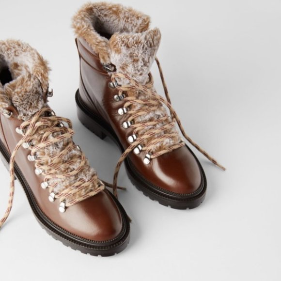 Zara Leather Faux Fur Hiking Boots - Picture 10 of 11